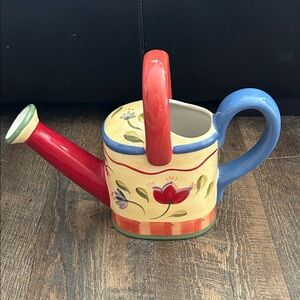 Pfaltzgraff Napoli Watering Can Flowers Red Blue Green 12”w. Leaves Hand Painted